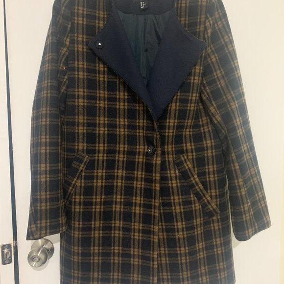 H&M Navy Blue & Yellow Wool Blend Plaid Coat - Size 6 - Picture 5 of 8